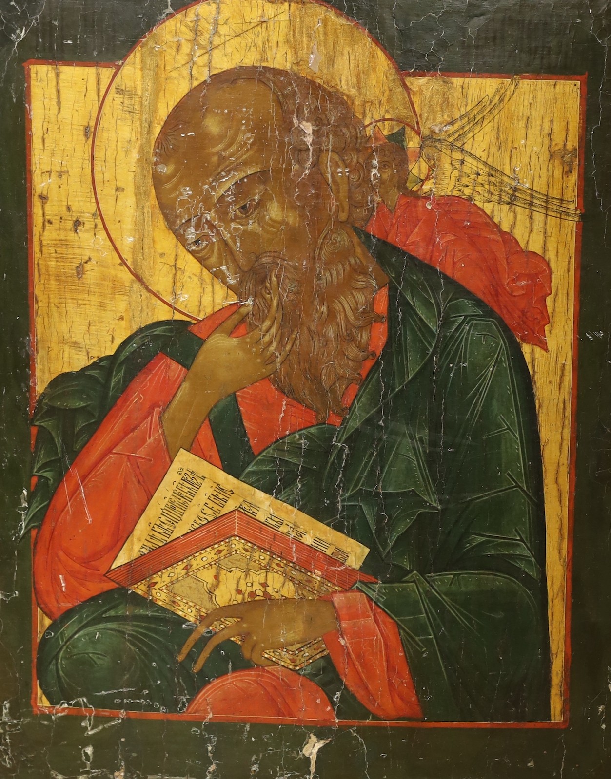 19th Century Russian School, tempera on wooden panel, Icon of St John the Evangelist, Maria Andipa label verso, 51 x 43cm